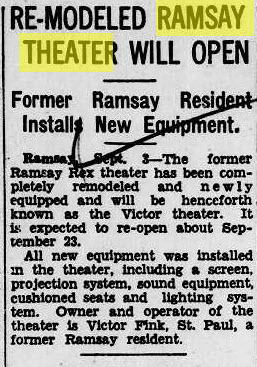 Ramsay Theatre - SEPT 3 1938 ARTICLE ON REMODEL AND RENAME TO VICTOR